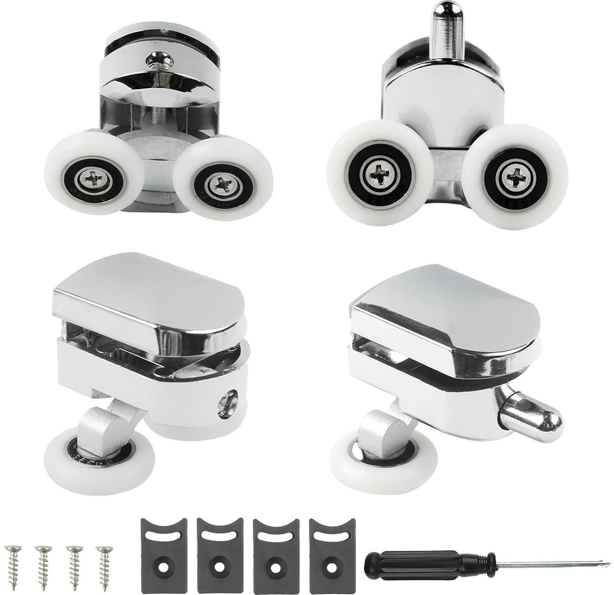 Set van 4 Doucheglazen Deurrijders met Verchroomde Afwerking, 23mm Vervangingspulley voor Badkamer, Inclusief Antiklapblok en Schroevendraaier voor 4-6mm Deuren