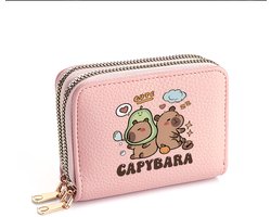 Kawaii Capybara Dubbele Rits Portemonnee – Roze Mini Wallet met Cartoon Design