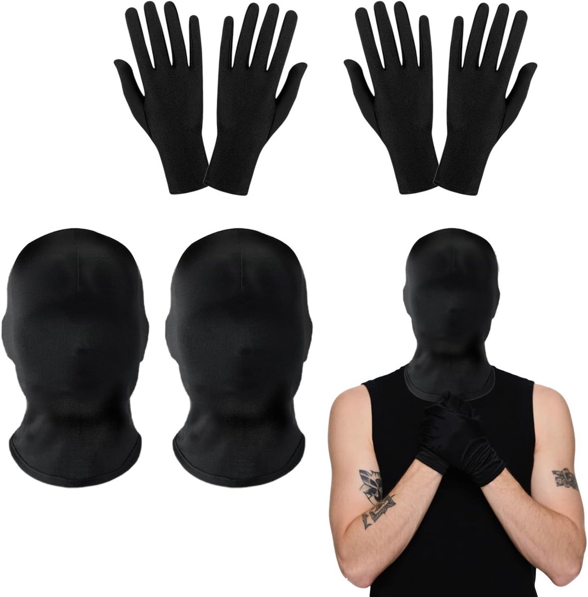 Set van 4 Volledige Gezichtsmaskers voor Halloween met 2 Paar Handschoenen - Unisex Zwart Masker voor Feest, Carnaval en Verkleedpartijen