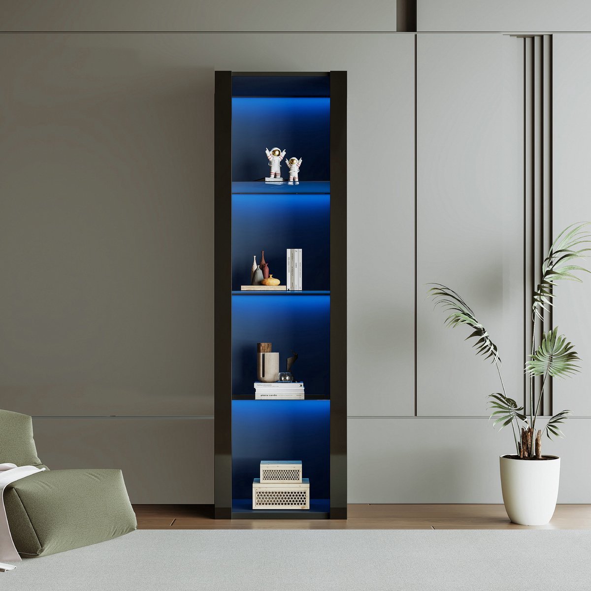 VVBV Vitrinekast 55x38x166 cm met Hoogglans, Open Vakken - Glasaccent, LED-Verlichting - Glas Zwart