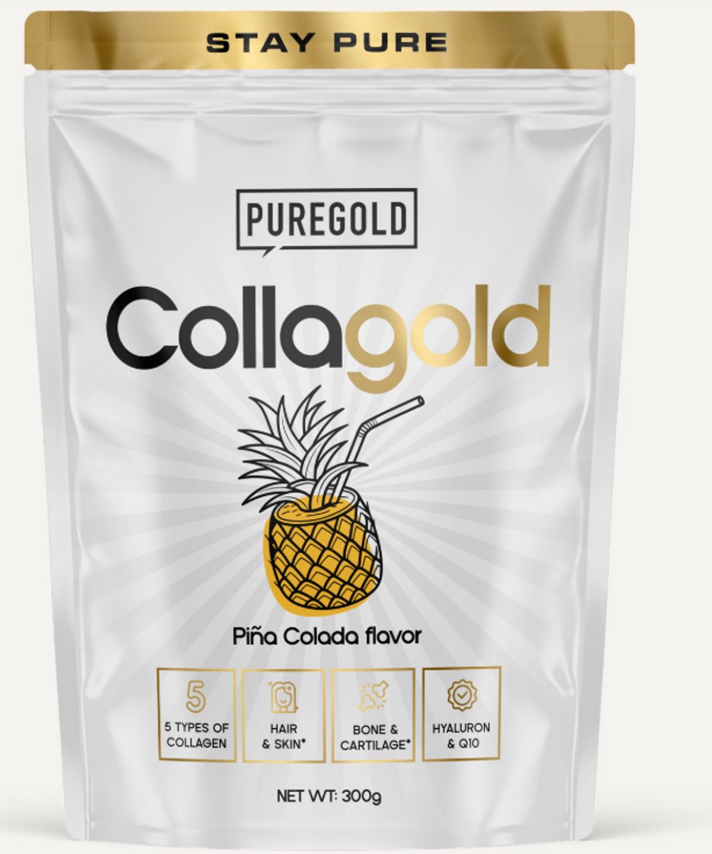 Pure Gold CollaGold Collageen Poeder – 300g – Piña Colada – 25 Porties – 5 Types Collageen met Hyaluronzuur, Q10, Vitamine C & Zink