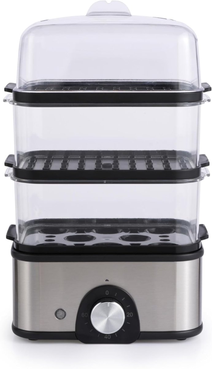 KAD® Elektrische Stoomkoker met Timer - 3 Lagen BPA-Vrij - Gezonde Voedselstomer voor Groenten, Vis en Rijst - Zilver - 19cm x 15cm x 27cm