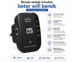 Trusted Goods® - Wifi Versterker - Draadloos - Stopcontact - NL/ENG Handleiding & Instructievideo met Optionele 1-op-1 Installatiebegeleiding - 300Mbps - 2.4 GHz - Zwart