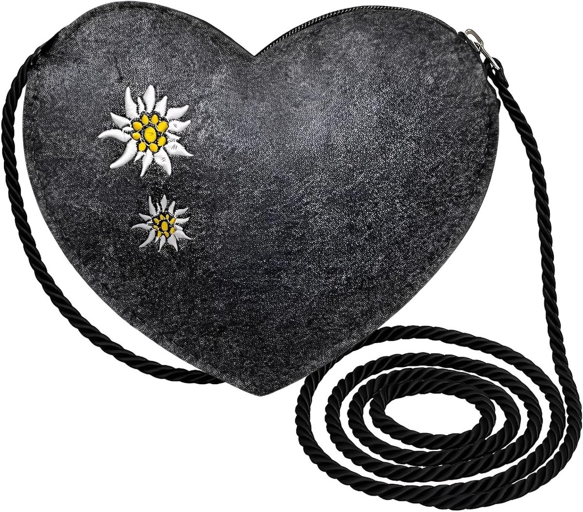 Hartvormige Dirndl Tas met Edelweiss Borduring | Dames Kostuum Tas | Robuuste Grijze Vilt Schoudertas van 120 cm