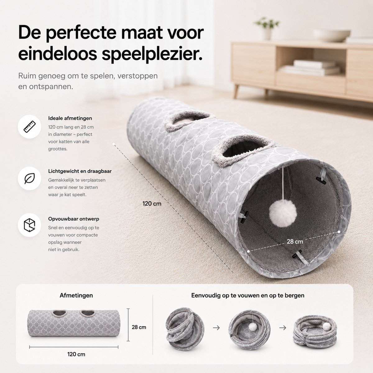 BOTC Kattentunnel - Speeltunnel Voor Dieren - Tunnel Kat - Kattenhuis - Speeltunnel kat - Lichtgrijs — afbeelding 5