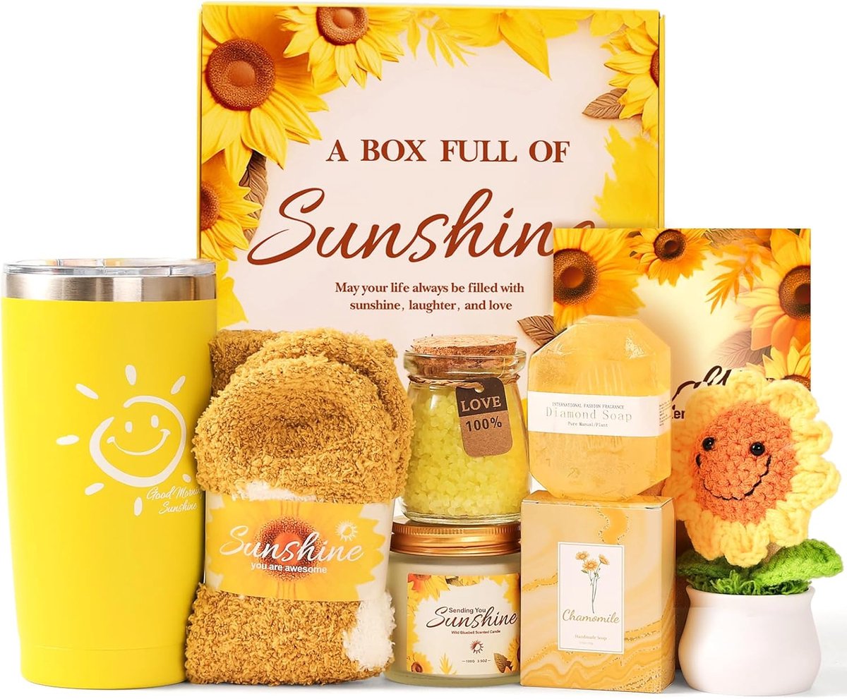 Zelfzorg Geschenkmand - Verzorgingspakket Vrouw - Bemoediging Cadeau - 7 Delige Set - 22 x 20 x 10 cm - Geel