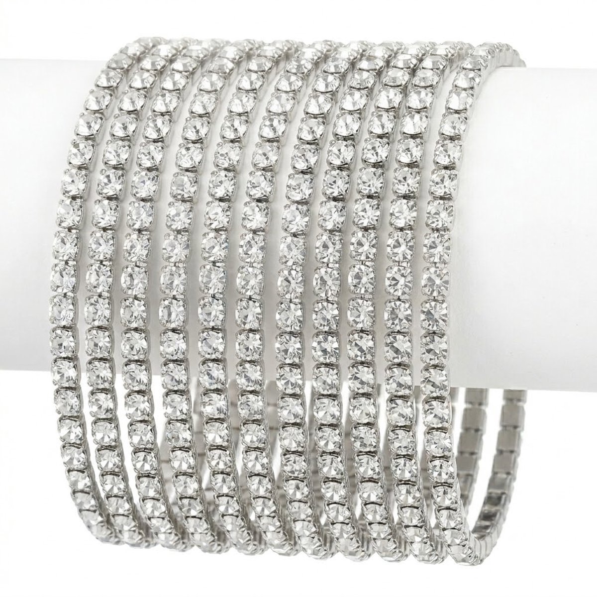 12 Zilverkleurige armbanden set voor dames – stapelbare bangles met fonkelende kristal steentjes – elegante sieraden set