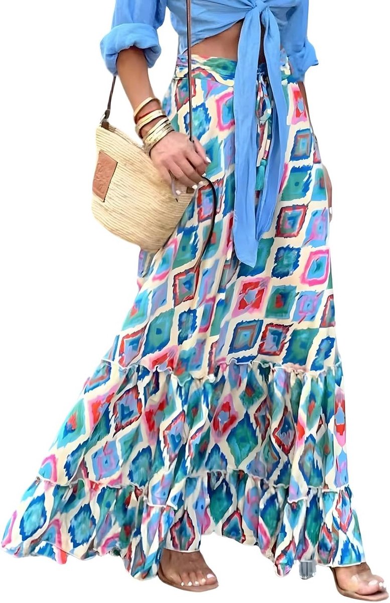 Zomerse lange maxi rok voor dames, boho A-lijn, hoge taille, elastisch, gedrukt, ideaal voor strand en casual gelegenheden