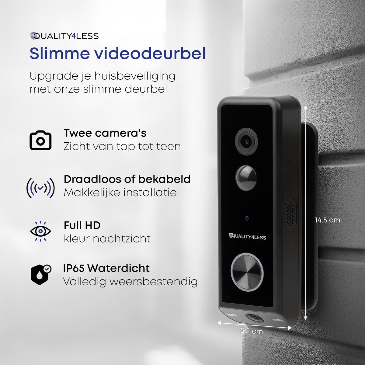 Quality4Less™ - Slimme Video Deurbel met dubbele camera - 2K Ultra HD - Werkt draadloos & bedraad - Wifi deurbel - Zonder abonnement - Incl. draadloze gong en 32GB SD-Kaart - (T-ring geluid) - Zwart – foto 4