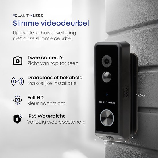 Quality4Less™ - Slimme Video Deurbel met dubbele camera - 2K Ultra HD - Werkt draadloos & bedraad - Wifi deurbel - Zonder abonnement - Incl. draadloze gong en 32GB SD-Kaart - (T-ring geluid) - Zwart van Merkloos — afbeelding 3