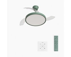 CREATE - Plafondventilator 40W stil met intrekbare bladen met licht - Ø91cm - Sage - Controller voor wandmontage + afstandsbediening - WIND CLEAR STUDIO