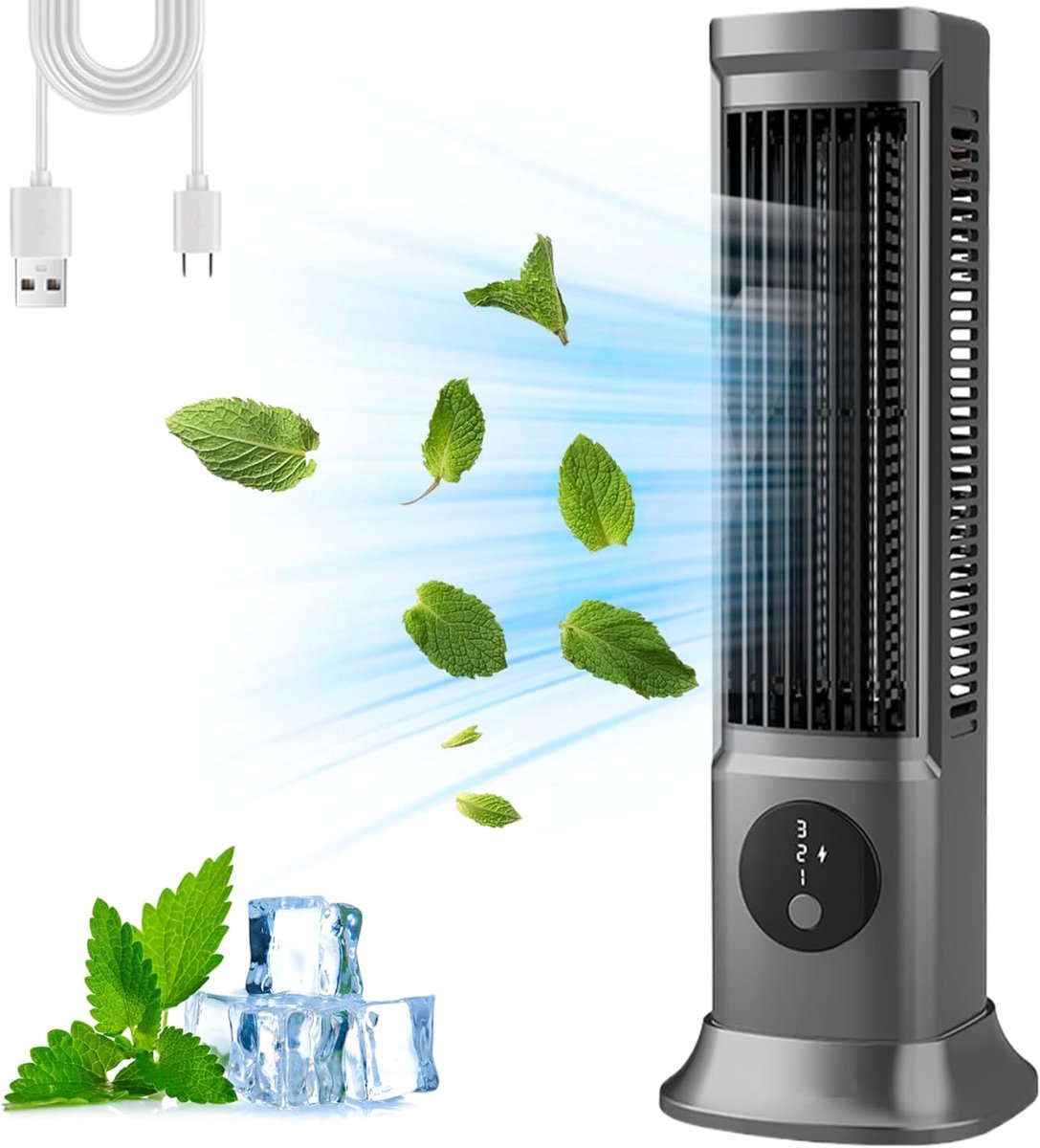 Toren Ventilator - Stille Koeler - Ruimte Koelen - 90 Graden Oscillatie - 30 x 10 x 10 cm - Grijs