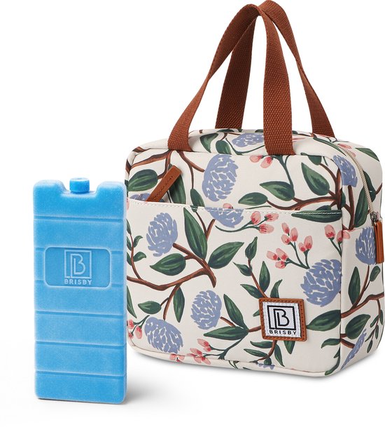 Sac à lunch blanc à imprimé floral et anses marron, à côté d'un bloc réfrigérant bleu avec logo 'BRISBY'.