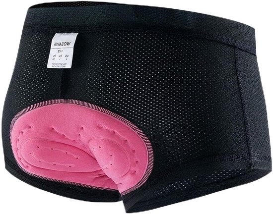 Zwarte fietsbroek met roze gel padding, mesh stof en label.