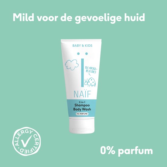 Naïf 2-in-1 Shampoo & Body Wash tube, 0% parfum. Met Allergy Certified keurmerk.