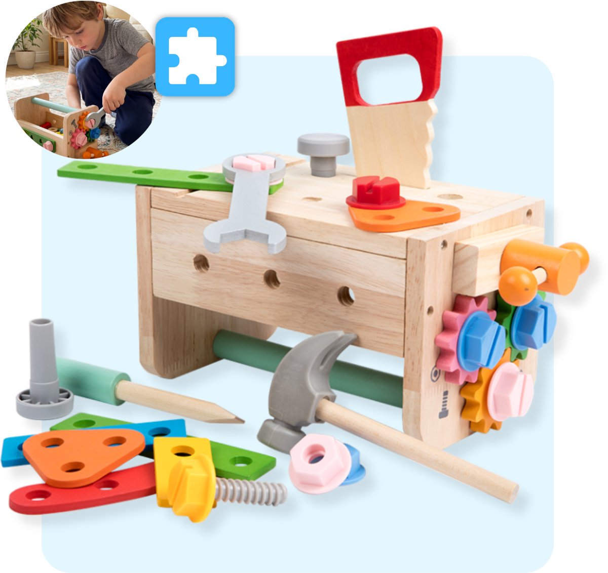 Mauzek® Speelgoed Gereedschapskist - Montessori speelgoed - 37-delig - Kinder gereedschap - Houten speelgoed - Werkbank speelgoed - Educatief speelgoed - Sensorisch speelgoed - Kleuter speelgoed - Jongens speelgoed - 3 jaar - 4 jaar - 5 jaar - 6 jaar