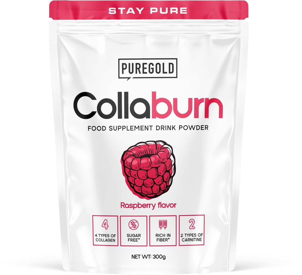Pure Gold Collagen Rundercollageen Poeder – 300g – 25 Porties – 4 Types Collageen met Vitamine C, A, Zink & Selenium – Framboos