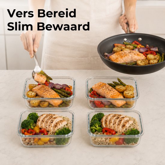 Five Stars® Boîtes de Conservation en Verre - 4 Pièces - Boîtes de Préparation de Repas - Boîtes de Congélation Hermétiques - Avec Couvercle - 1040 ml