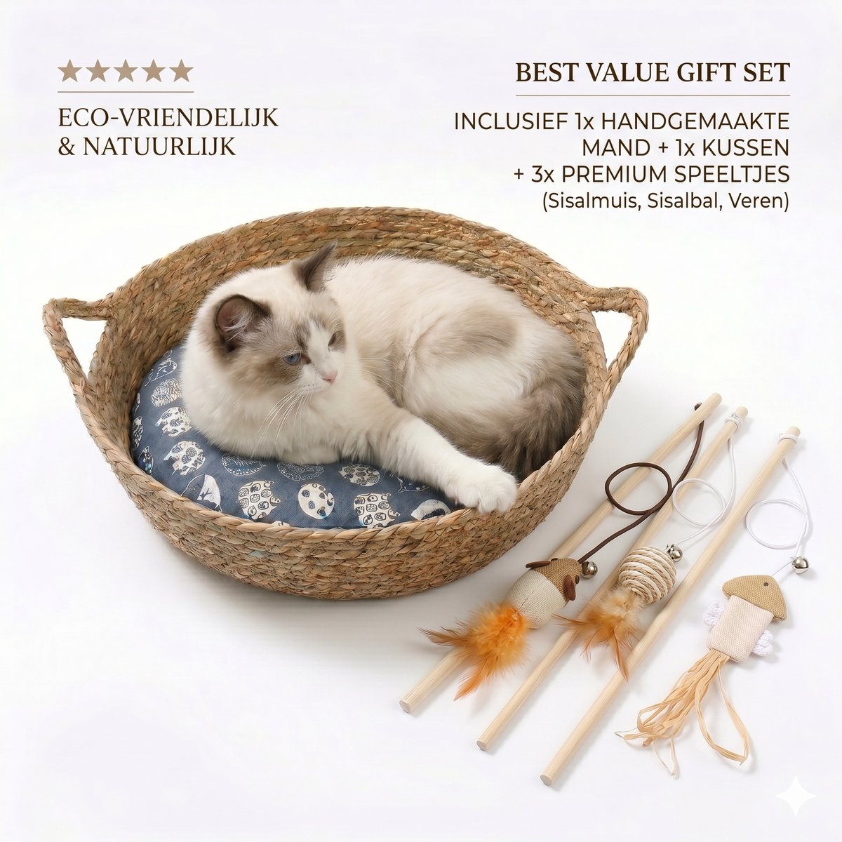 Handgeweven Rieten Kattenmand hondenmand (Ø 45cm) met Kussen & 3 Kattenspeeltjes