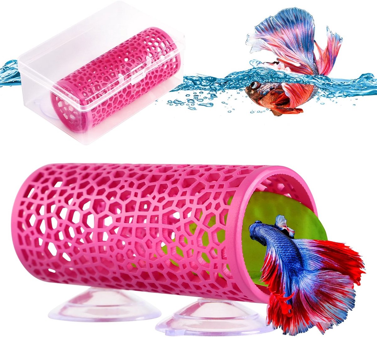 carmdering - Bettatunnel - Vis Schuilplaats - Aquariumdecoratie - Roze, hol ontwerp, veilig voor kleine vissen - Inclusief zuignappen, corrosiebestendig - Perfect voor betta's en garnalen - Eenvoudig te installeren
