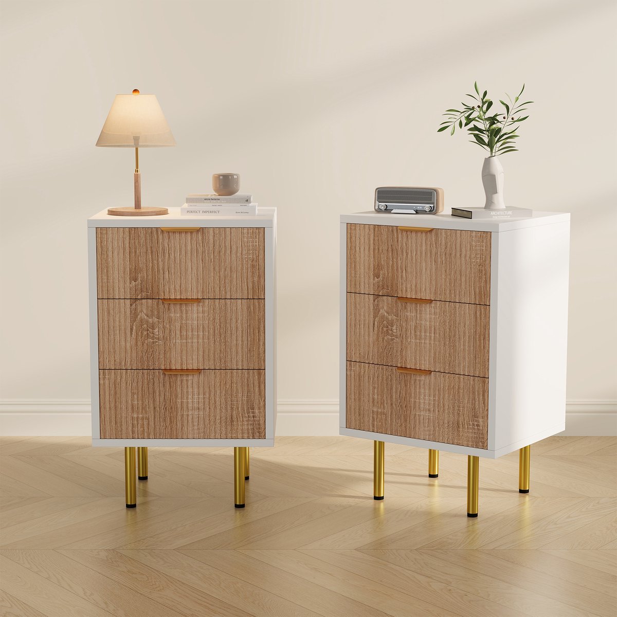 ROSAHQNDA Set van 2 nachtkastjes, nachtkastje met 3 lades, bijzettafel met metalen handgrepen en poten, 40 x 40 x 65 cm, naturel houtkleur en wit