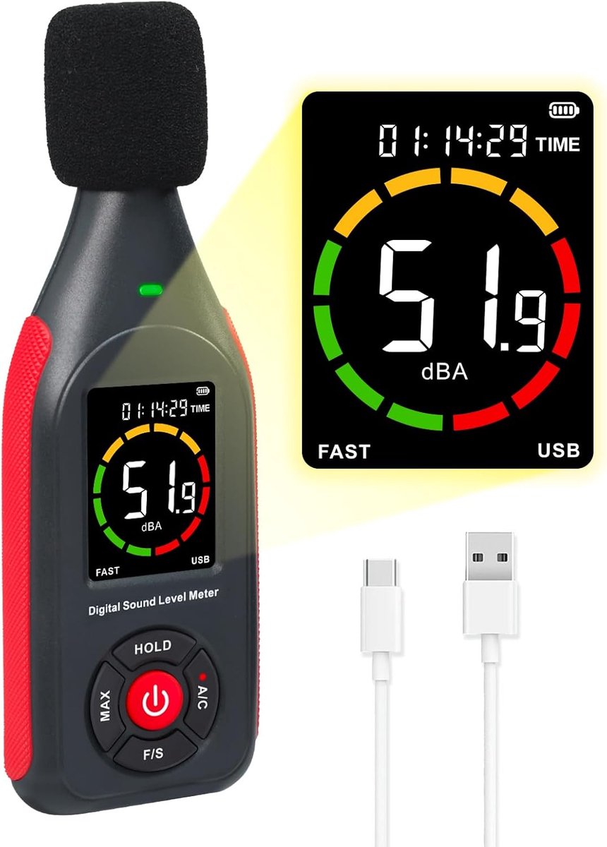 carmdering - Schallpegelmeter - Geluidsniveaumeter - Digitaal Decibelmeter - USB Oplaadbaar Met 8 Uren Batterijduur - Geavanceerde Grafische Weergave Met Driekleuren Alarm - Duurzame ABS Behuizing - Ideaal Voor Industriële En Thuisgebruik - 1 Stuk