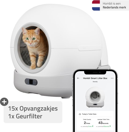 Zelfreinigende elektrische kattenbak Hombli 72L XXL met app, geurfilter, UV-sterilisatie en kinderslot