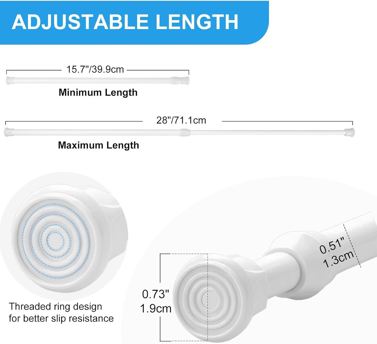 2-pack Spanvitragestangen (19–35 inch / ca. 50–90 cm) — Kleine, korte, verstelbare, uitschuifbare stangen met veersysteem voor ramen, kasten, jaloezieën, slaapkamers, keukens, badkamers en deuren (boren niet nodig) — Wit – foto 8