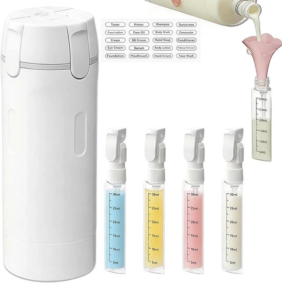 4-in-1 Reisdispenser - Doseerflessen - Met Dispenser -Reisset - Reisaccessoires - Cosmetica Potjes - Reis Flesjes - Reis Flesjes Navulbaar - Draagbaar - Lekvrije Reisverpakkingen - Geschikt Voor Shampoo, Lotion, Conditioner En Crème - Wit