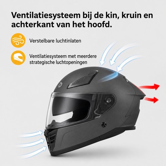 Zwarte integraalhelm met pijlen die ventilatie aangeven, met tekst over ventilatiesysteem.