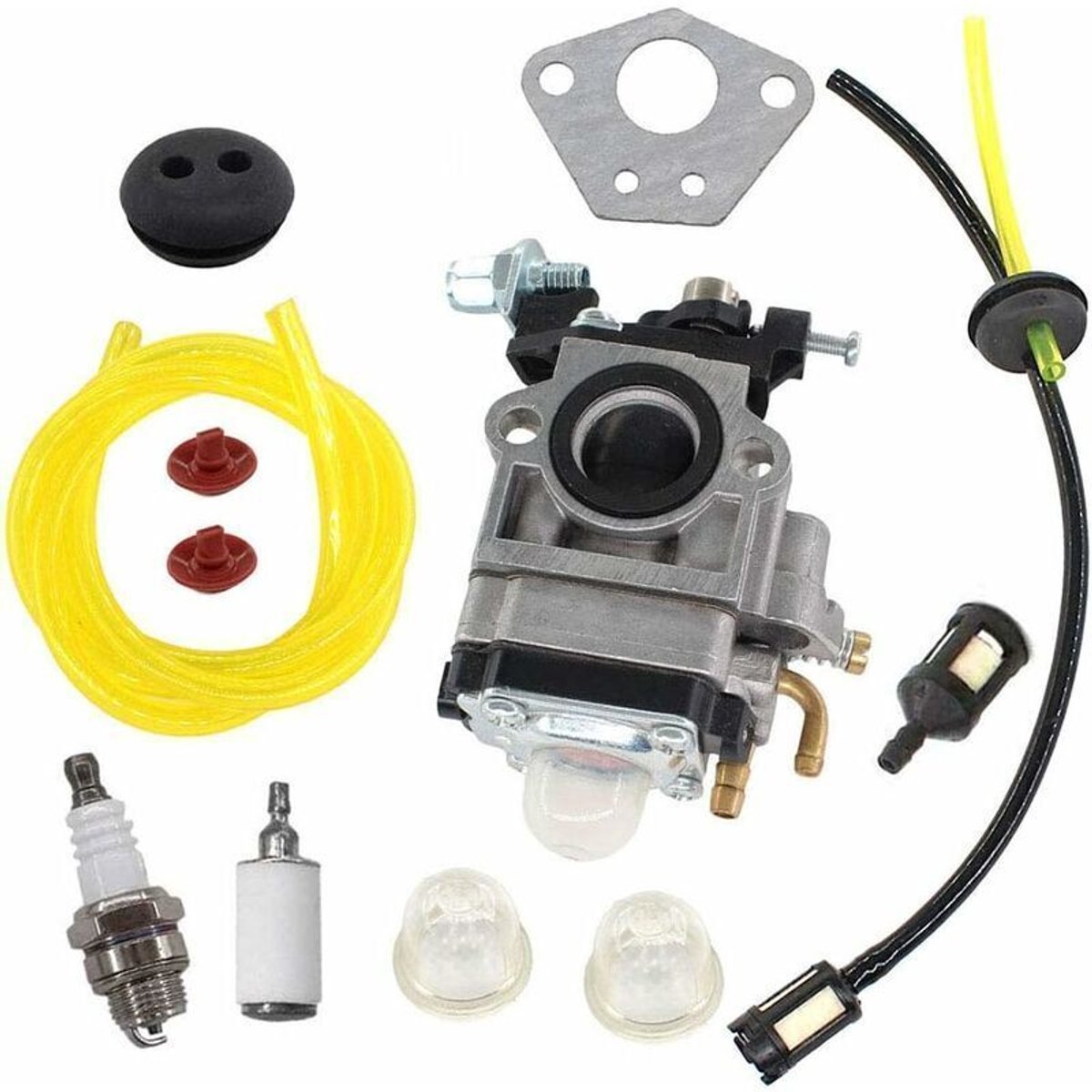 Carburateurrevisiesets geschikt voor 52cc, 49cc en 43cc bosmaaiermotoren, inclusief bougies en brandstoffilters.