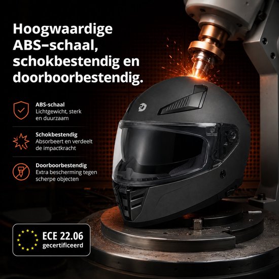 Matzwarte integraalhelm met dubbel vizier, in een industriële setting. Kenmerken: ABS-schaal, schok- en doorboorbestendig. ECE 22.06 gecertificeerd.
