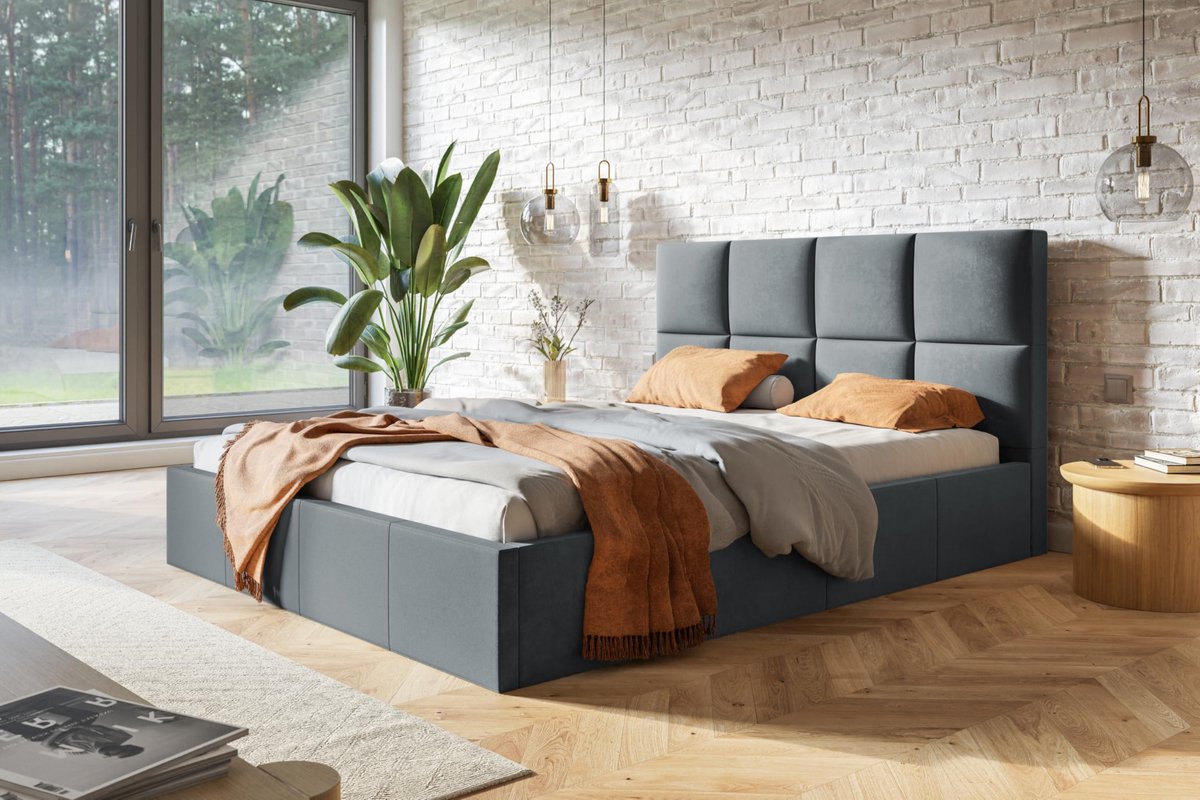 Roma Slim gestoffeerd bed met hoofdeinde, 180 x 200 cm, tweepersoonsbed met bedlade en lattenbodem van hout, kleur: donkergrijs, velours stof