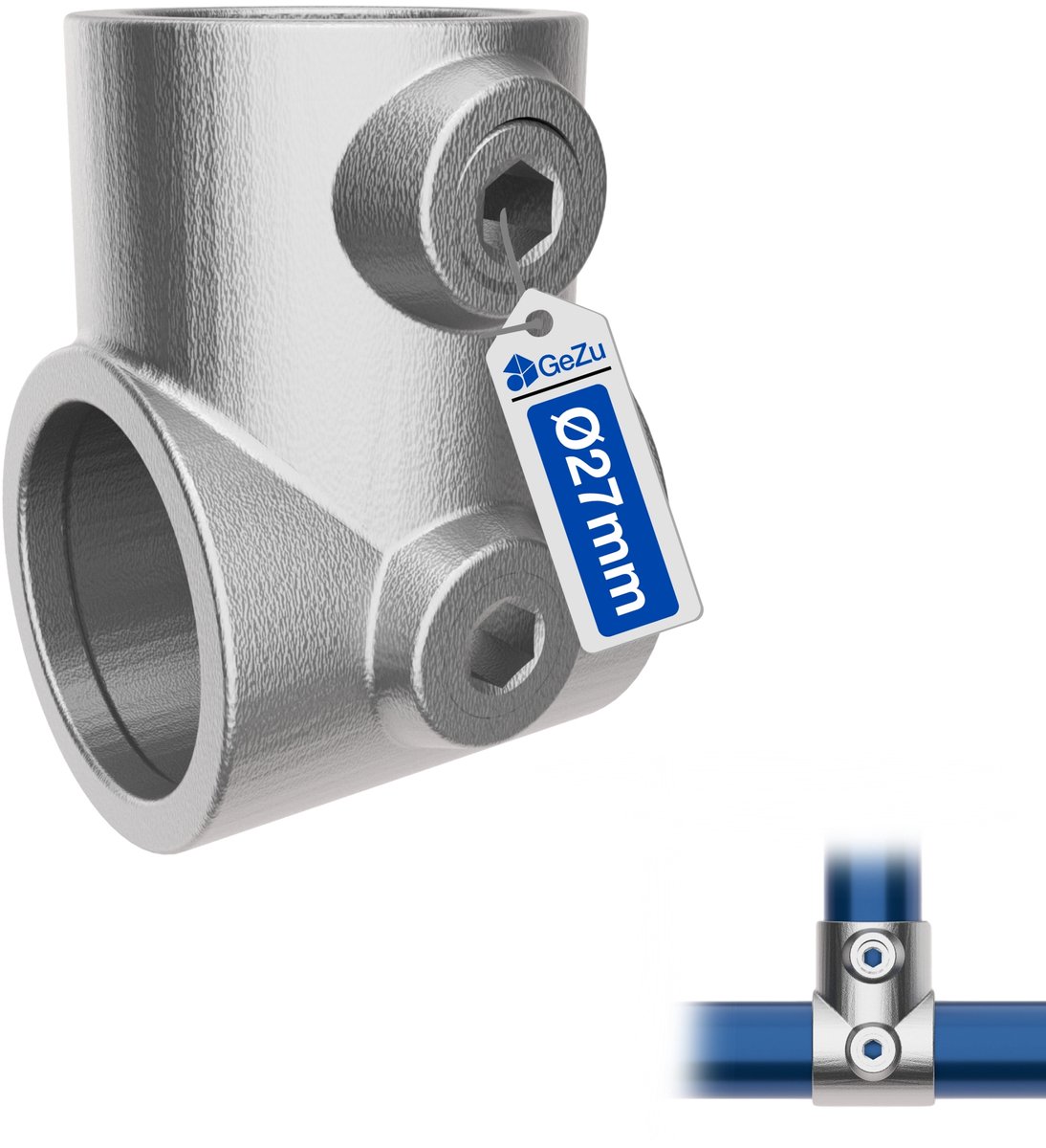 GeZu Impex Korte T-Stuk Buisklem Ø27mm Verzonken Zilver