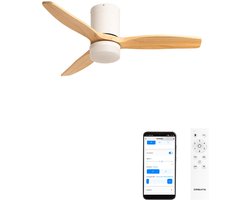CREATE - Stille 40W plafondventilator met technische ABS bladen (Ø112cm) (ruimtes ≤10m²) - Wit/Licht houtlook - Met licht - WIFI + Afstandsbediening - WIND CALM