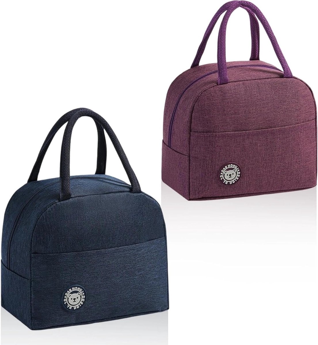 Set van 2 Kleine Koeltassen met Zijvakken en Handvatten, Ideaal voor School, Familie en Kantoor, in Marineblauw en Paars