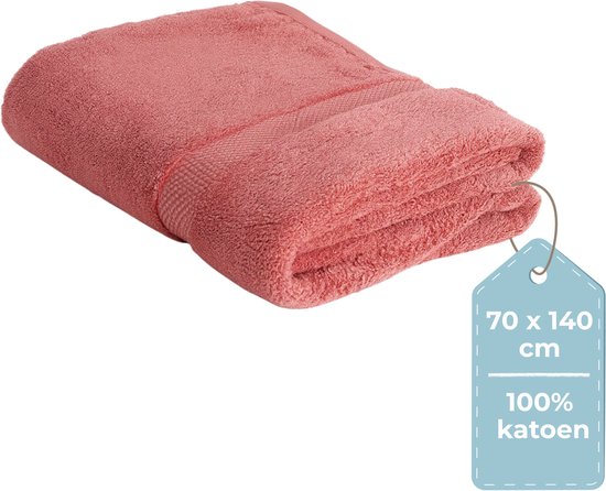HUSH Living Badhanddoek - per stuk - 70×140 cm - 100% katoen - zware kwaliteit 500g/m2 - stijlvol boord en ophanglus - koraal