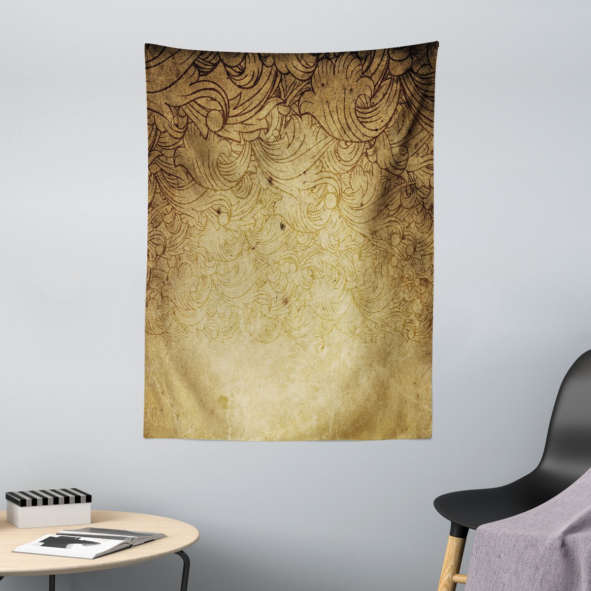 ABAKUHAUS Vintage Wandtapijt, Bruine Bloemenversieringen, 110 x 150 cm, Bruin