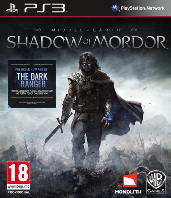 Couverture du jeu PS3 Shadow of Mordor avec un homme armé d'une épée et portant une cape. Comprend une promotion 'Dark Ranger'.