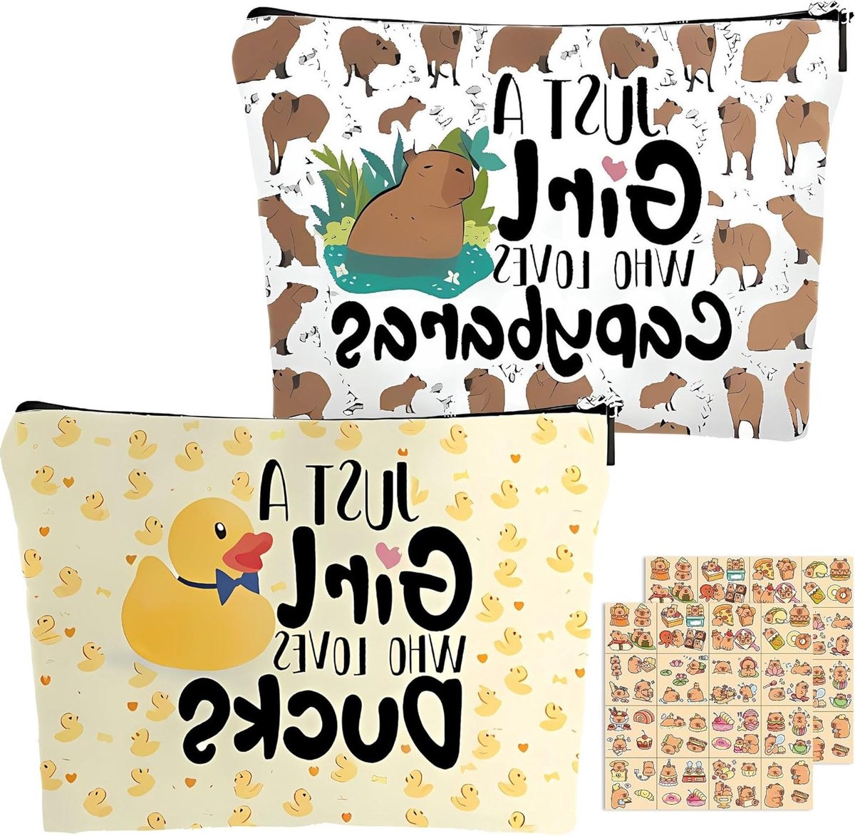 Schattige Dieren Make-up Tas met Gele Eend en Capybara Meisje + 2 Sets Capybara Stickers - Perfect als Verjaardagscadeau, Handig en Stijlvol voor Dames