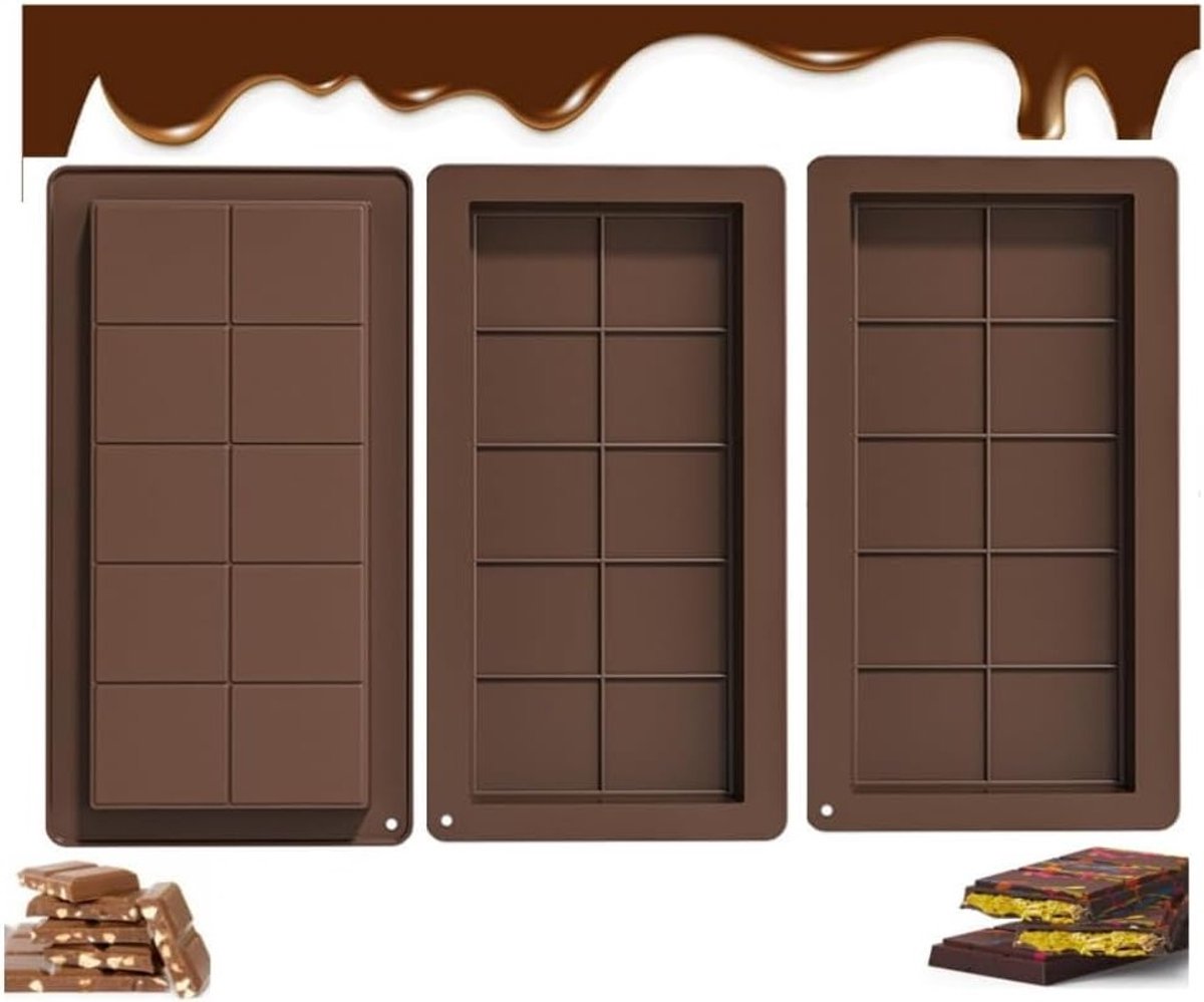 Set van 3 Siliconen Chocoladevormen voor Mini Chocoladerepen, Snoep en Bakken in de Keuken