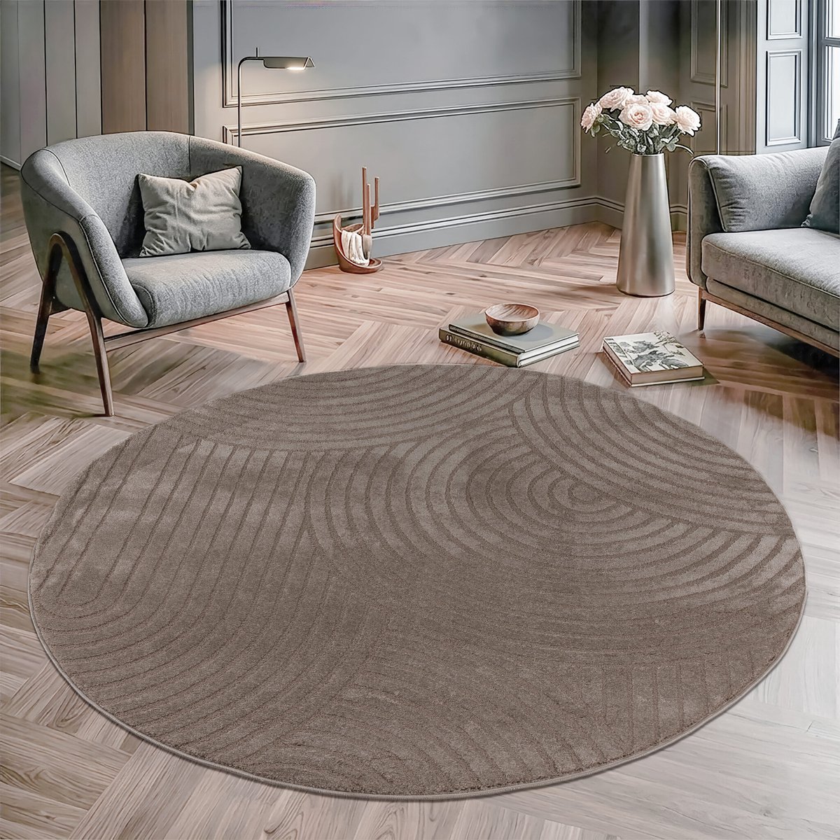 Muratap Vivant Japandi - Rond Vloerkleed Laagpolig Effen - Taupe- 240 CM Ø