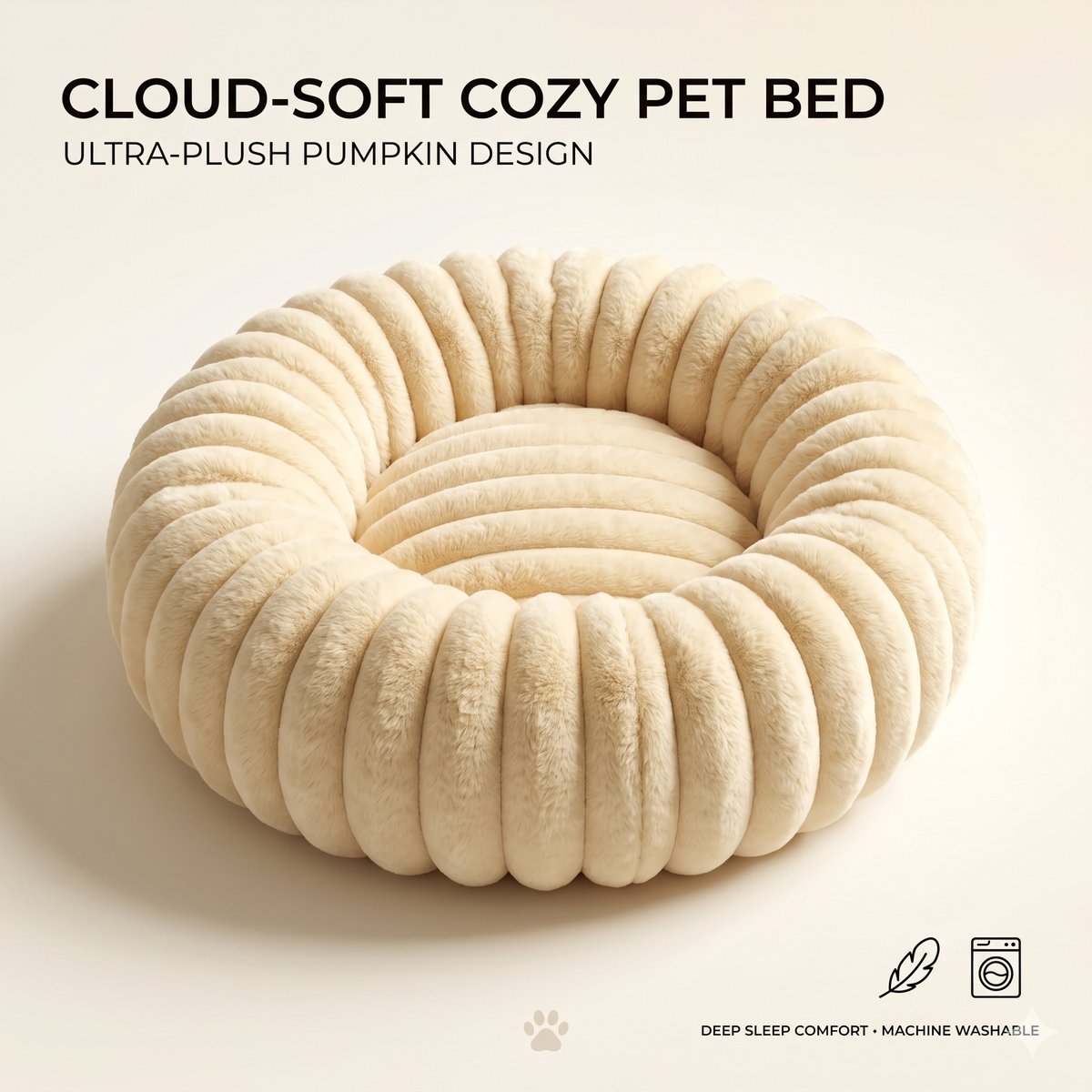 Sir.Pawsalot Luxe Fluffy Hondenmand Donut – Pompoen Stijl – 50 cm – Ultra Zacht & Rustgevend – Beige – Geschikt voor Katten en Kleine Honden
