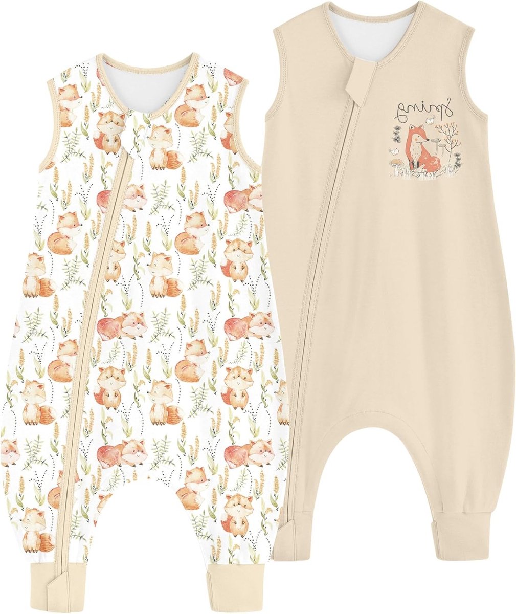 Set van 2 babyslaapzakken met voeten, 0,5 Tog-waarde, 100% katoen, ideaal voor zomer, geschikt voor kinderen van 4-6 jaar, jongens en meisjes, 100 cm, lichtbruin