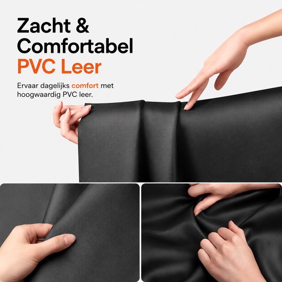 Close-up van zwarte, zachte PVC-leerstof. Met 'Zacht & Comfortabel PVC Leer' in tekst.
