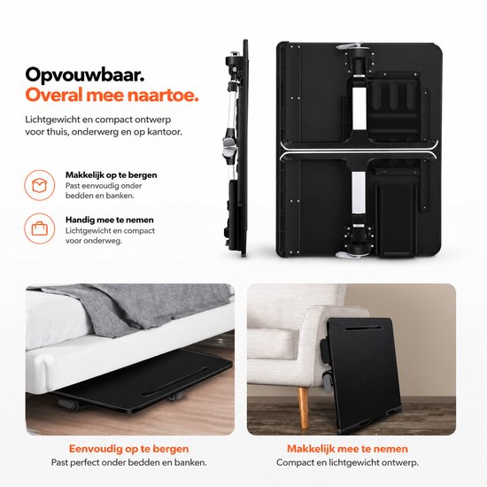 Zwarte opvouwbare laptoptafel, compact voor opbergen onder bed of bank. Met 'Opvouwbaar' en 'makkelijk mee te nemen' in tekst.