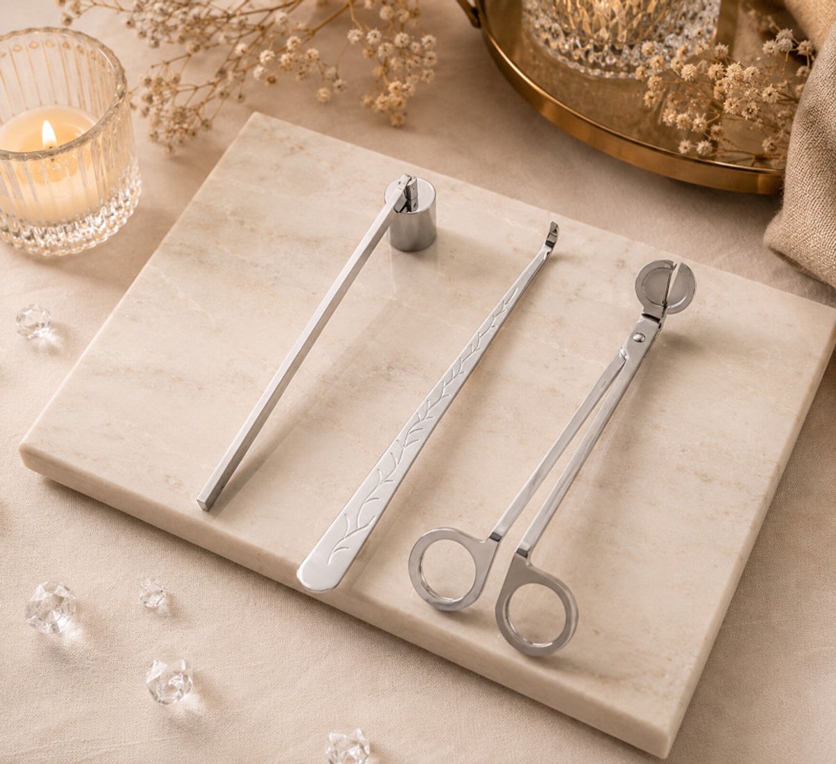 Candle Wisdom - Kaarsen accessoires – Zilver kleur – RVS – 3 in 1 - Kaarsen dover set – Wick trimmer – Kaars lont trimmer – Wick dipper – Geschenk – Cadeau