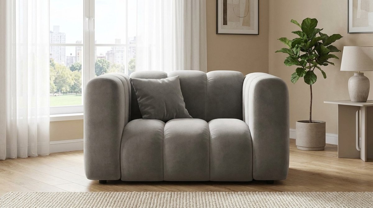 2-Zits Fauteuil - Industrohome Grand Lounge Relaxfauteuil Grijs - Velours Loveseat Bank - Moderne Gestoffeerde Fauteuil met Sierkussens - Comfortabele Lounge Stoel voor Woonkamer & Slaapkamer