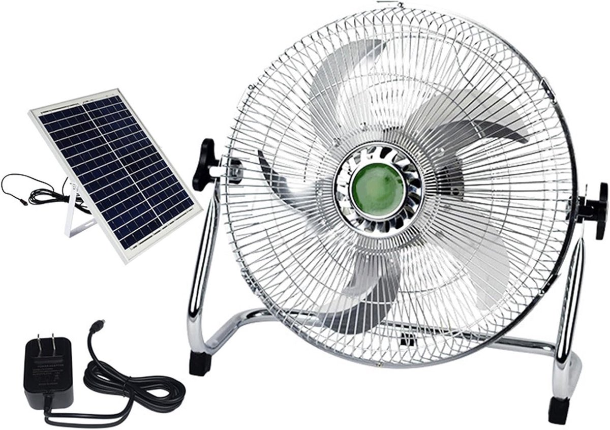 Oplaadbare Vloerventilator - Draagbare Koeler - Buiten Gebruik - 12 Snelheden - Zonnepaneel Inclusief - Zilver