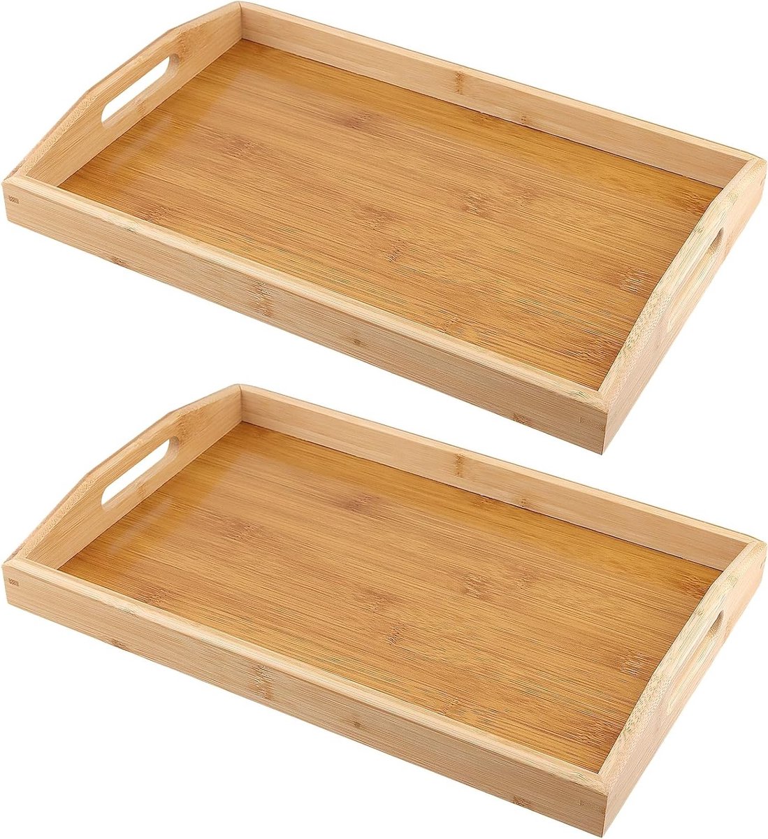 Set van 2 Rechthoekige Bamboe Dienbladen met Handvat - Houten Serveerplateau 38x25 cm